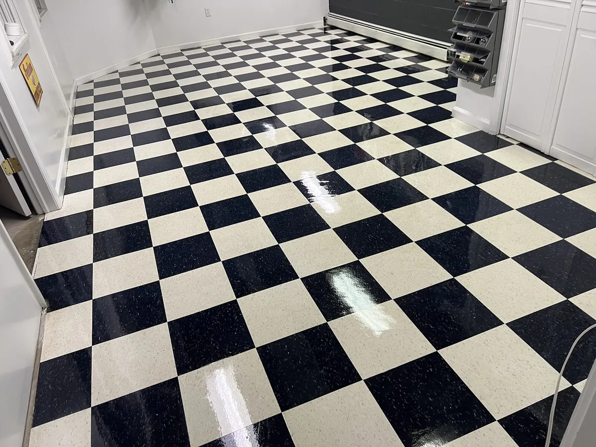 Freshly waxed VCT checkerboard floor